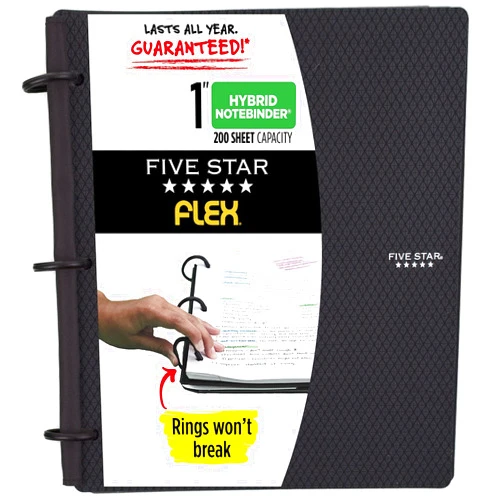 Five Star Flex Hybrid NoteBinder, 1 Inch Binder with Tabs, Notebook and 3 Ring Binder All-in-One, Black (72009)