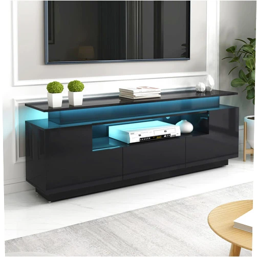 ALOSHY Modern TV Stand with Color Changing LED Lights for 75+ inch TV,Stylish Elegant Universal Entertainment Center High Gloss Storage Cabinet for Living Room, Bedroom,Gaming Media Console,Black