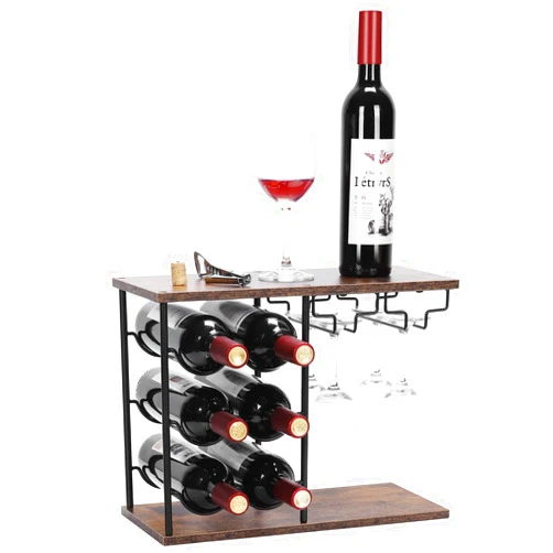 MOOACE Countertop Wine Rack, Hold 6 Wine Bottles and 4 Glasses Rack, Freestanding Wine Rack for Home, Kitchen, Bar Table, Wine Cellar, Cabinet