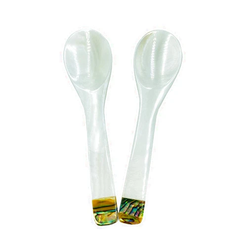 Wenplus 2 Pack 3.94inch Caviar Spoons Handcraft Mother of Pearl MOP Caviar Spoon W Round Handle with One Plastic Storage Box - White, Style B