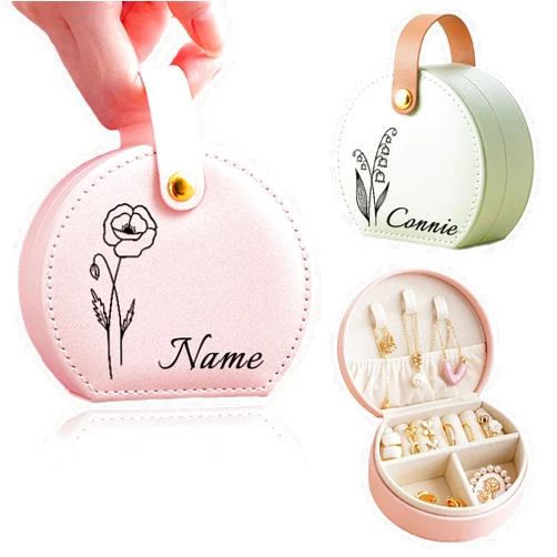 HJX Personalized Travel Jewelry Case Custom Name & Birth Flower Jewelry Organizer Box,Personalized Gift for Girls Woman Bridesmaid (01-Birthflower)