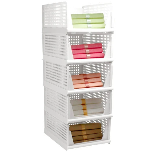 Goderewild Stackable Foldable Storage Baskets, Folding Storage Bins, Closet Organizers and Plastic Drawer Shelf Storage Container for Wardrobe, Cupboard, Kitchen, Bathroom, Office (White, 5L)