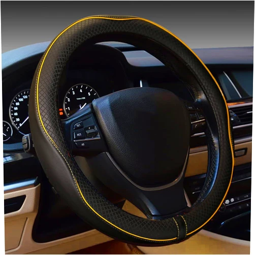Rsept Gomass Car Steering Wheel Cover, Anti-Slip, Safety, Soft, Breathable, Heavy Duty, Thick, Full Surround, Sports Style (Black with Yellow Line)