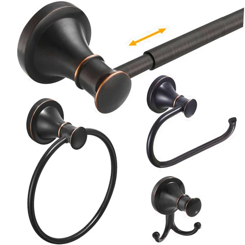 Hoimpro Oil Rubbed Bronze Bathroom Accessory Set, 4-Piece Wall Mount Hardware with Adjustable Towel Bar Rack, Towel Ring, Paper Towel Holder, Double Towel Hooks