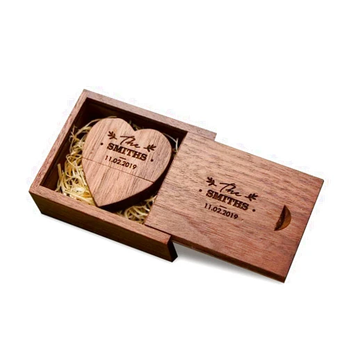 RXFSP Customize Personalised Wood USB 2.0 Flash Drive with Laser Engraved Wooden Heart Shape USB Stick with Box for Wedding, Couple, Parents