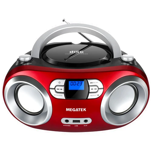 MEGATEK Portable CD Player Boombox with FM Radio, Bluetooth, USB Port, AUX Input, and Headphone Jack – CD-R/CD-RW/MP3-CD Compatible, Clear Stereo Sound, Backlit LCD Display – Cherry Red