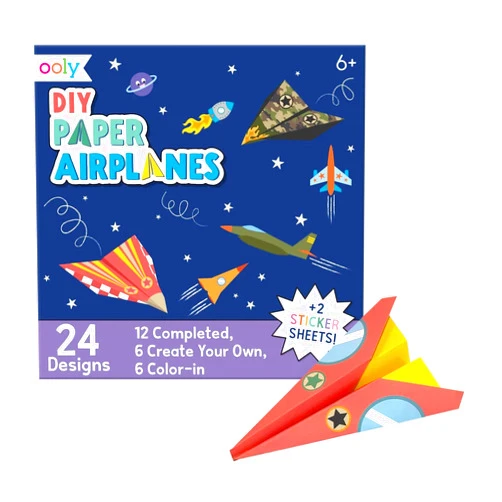 Ooly DIY Paper Airplane Book, 24 Paper Planes & Stickers, Paper Airplane Kit Includes 12 Completed, 6 Blank & 6 Color-in Paper Planes, Great Summer Arts & Crafts Activities for Boys and Girls
