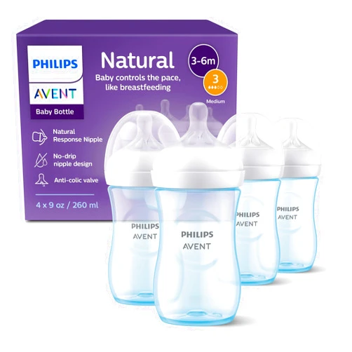 Philips Avent Natural Baby Bottles with Natural Response Nipples (Medium Flow, Flow 3), 9oz, Blue, 4-Pack, SCY903/24