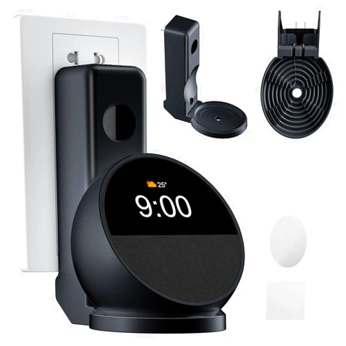 AFGHOA Wall Mount Stand for Echo Spot 2024, Outlet Hanger Stand with Built-in Cable Management, Hide Messy Wires Wall Holder, Space Saving Holder for Echo Spot,No Screws and Drill Needed,Black