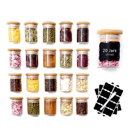 ZPGXLRZ 20 Pcs Glass Spice Jars with Airtight Bamboo Lids, Labels and Pen, 2.5oz Mini Clear Food Storage Containers for the Pantry, Kitchen Canisters for Tea, Herbs, Sugar, Salt, Coffee and More