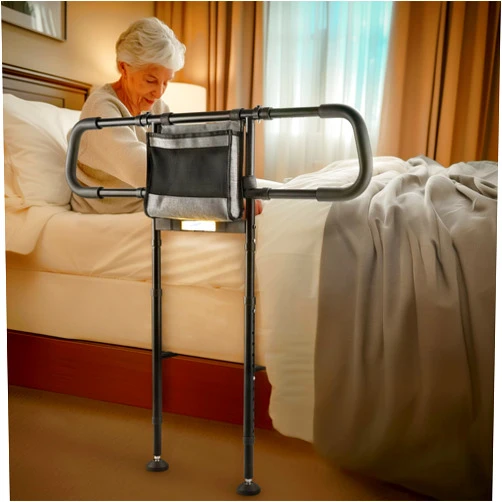 NIMOOD C4 PRO Bed Rails for Elderly Adults Safety with Extension Legs, Adjustable Heights Bed Cane with Widened Handrail, Stable Bed Assist Rails with LED Motion Light, Avoid Seniors Bedside Fall