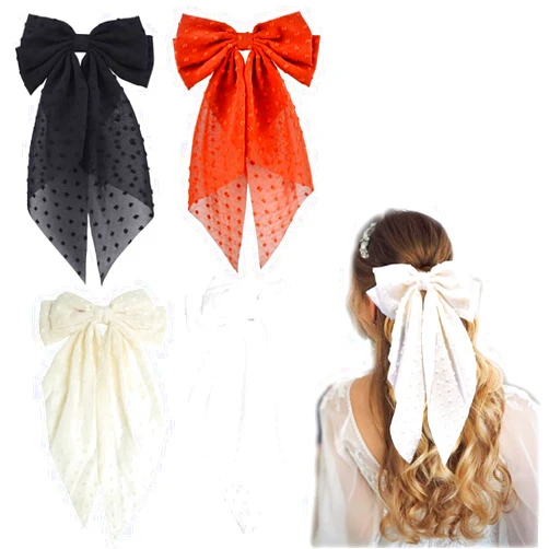 Unifinds Big Hair Bows for Women Long Hair Ribbon Bows Large Tulle Bow Snap Hair Clip Hair Barrettes Wedding Hair Pieces Hairpins Chiffon Bowknot Tails Girls Bridesmaid Hair Accessories (Style 2)