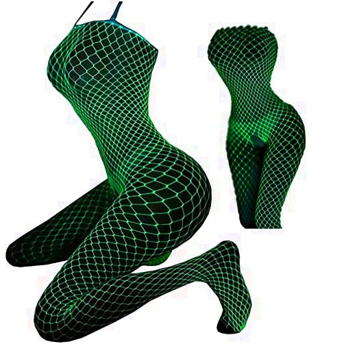 KCTRFSJ Women Sexy Luminous Green Hollow Fishnets Stockings,Glow in the Dark Reflective Fun High Waist Fishnet legging Tights