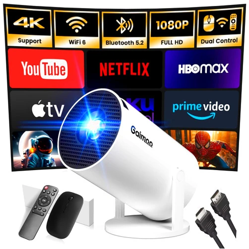 Gaimoo [Built-in App] Mini Projector 1080P FHD 4K Support Projector with Mouse Portable Projector with WiFi and Bluetooth 180° Adjustable Auto Keystone HDMI/TV Stick/USB/PS5/Laptop, with HDMI Cable & Mouse