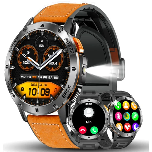 FILIEKEU Man SmartWatch Bluetooth Calls Heart Rate Sleep Monitor Steps Mens Smart Watch IP67 Waterproof Fitness Tracker Casual Brown Leather Strap Flashlight Smart Watches for Android iOS
