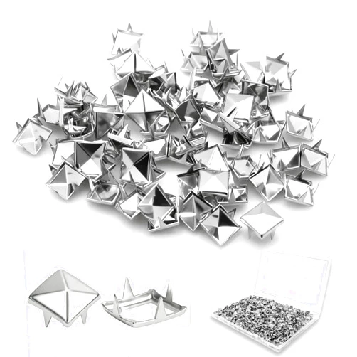 XIAEQOH 500PCS 10mm 4-Prong Square Spikes, Silver Metal Pyramid Studs for Crafts, Punk Style Rivets for Clothing Decoration, Leather Jacket, Bag, Dog Collar, Durable & Easy to Install