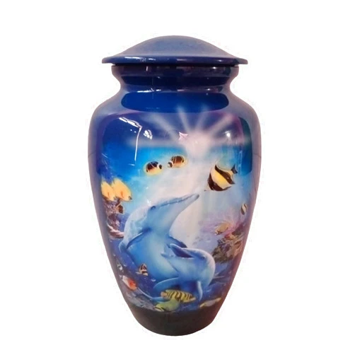 WEMBILS Dolphin Ocean Blue Cremation Urn for Human Ashes - Adult Funeral Urn Handcrafted - Affordable Urn for Ashes (Adult (200 lbs) – 10.5 x 6 “, Cremation Urn)