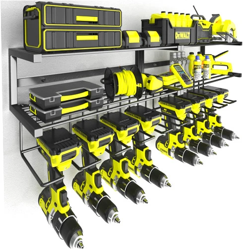 KAFAHOM Power Tool Organizer, Tool Storage Rack Wall Mounted, Heavy Duty Drill Holder for Garage Organization, 3 Layers Floating Tool Shelf with 4 Drill Holders- 2 Pack