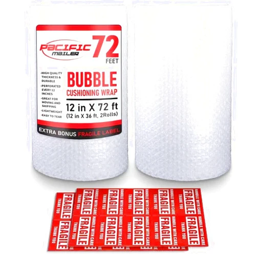 Pacific Mailer Bubble Cushioning Wrap Pacific Mailer 5/16 Inch x 12 Inch x 72Feet Total [2 Rolls of 36 Feet] Bubble Cushioning Wrap for Packing Moving Supplies Perforated Every 12
