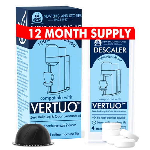 New England Stories (12 Months Supply) Nespresso Compatible Vertuo Descaling Kit, Odorless Coffee Brewer Machine Descaler Set, Liquid Descaling Solution for Nespresso, Includes Reusable Pod and 12 Cleaning Tablets