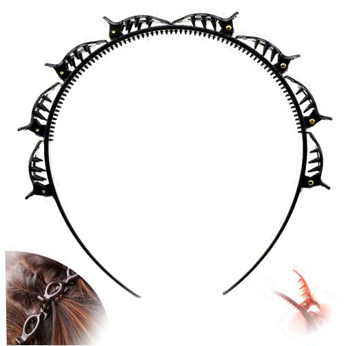 GRASUNNY Hairband with Clips, Professional Weave Bangs Clip, Headband with Clips, Hairpin Headbands For Women, Toothed Headband Braid Tool, Hollow Layer Plait Hair Pin Headband (black)