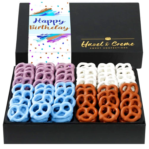 Hazel & Creme Happy Birthday Food Gifts - Yogurt Pretzels Gift - Birthday Gift Baskets - Gourmet Pretzel Gift Box - 6 Flavors (Large Gift Box)