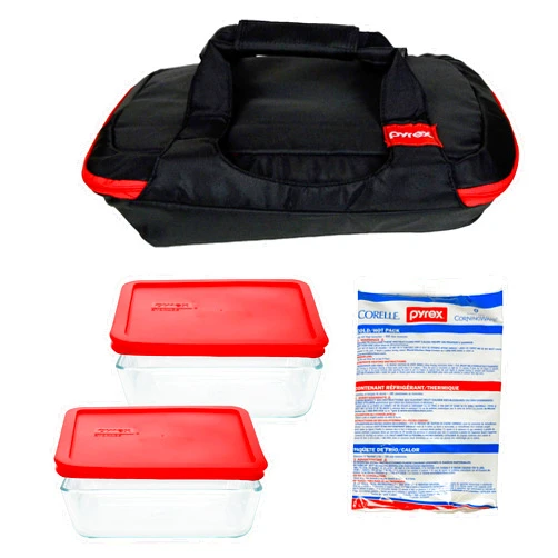 Pyrex Portables Black/Red Insulated Carrier Tote for Hot or Cold Food, Picnic, Potluck, and Cookout, Comes with (2) 7211 Clear Glass Dishes, (2) 7211-PC Red Lids, and (1) Large Hot/Cold Pack