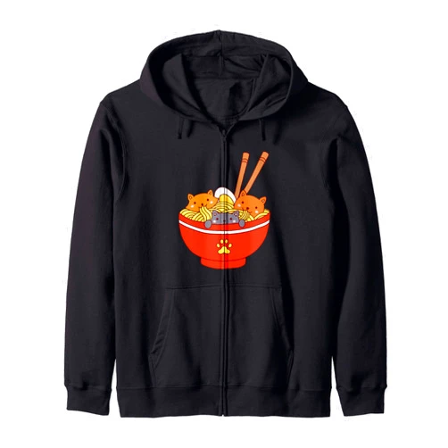 Cat Japanese Noodle Ramens Gift Three Cute Kawaii Cats Eating Japanese Ramen Noodles Bowl Zip Hoodie
