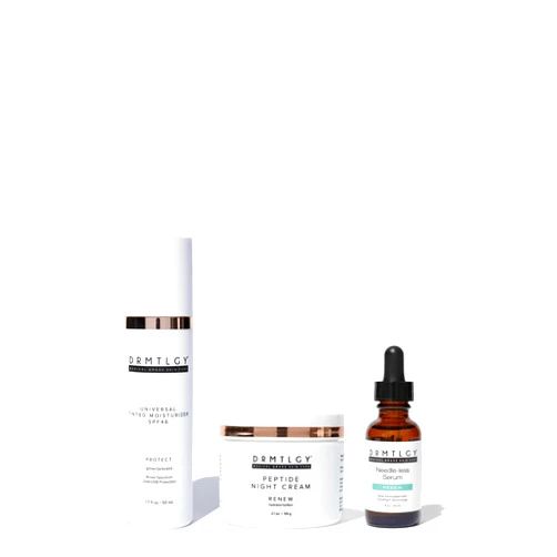 DRMTLGY Anti-Aging Trio: Needle-less Serum, Tinted Moisturizer with SPF 46, & Peptide Night Cream
