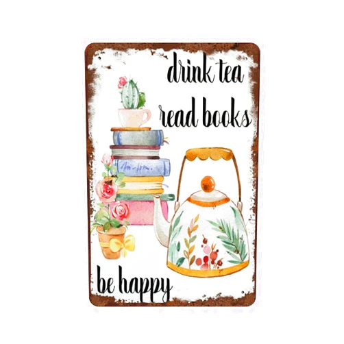 Graman Drink Tea Read Books Be Happy Vintage Tin Sign Watercolor Tea Lover Wall Sign Decor Kitchen Decor DIY Decor Tea and Books Bookworm Decor 8x5.5 Inch