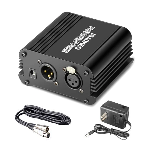 Aokeo 1-Channel 48V Phantom Power Supply with Adapter, Bonus+XLR 3 Pin Microphone Cable for Any Condenser Microphone Music Recording Equipment