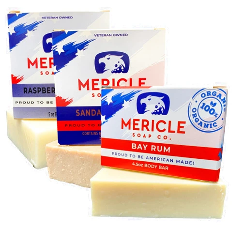 Mericle Soap Co. All Natural Bar Soap, 3 Bar Variety Pack - Black Raspberry Vanilla, Sandalwood Rose, and Bay Rum