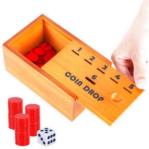 Juegoal Coin Drop Set, Pennies Dice Games for Kids and Adults, Wooden Tabletop Board Game Sets for 2-6 Player, Wood Penny Game Box Includes 48 Chips & 1 Dice, Interactive Families Toys