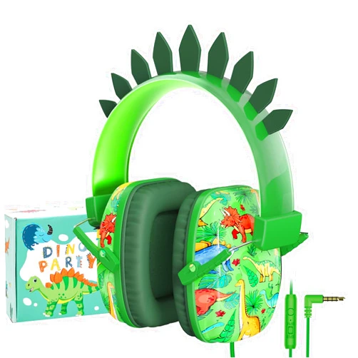 TCJJ Dinosaur Headphones for Boys to School, Kids Wired Headphones with Mic & 3.5mm Jack, Safe Volume 85/94dB,Noise Cancelling Over-Ear Headphone with Adjustable Headband for iPad/Smartphones-Green