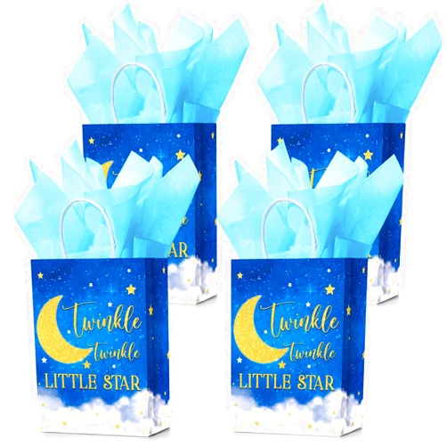 TaoBary 16 Pcs Twinkle Twinkle Little Star Gift Bags with 16 Tissue Paper Moon Star Party Favor Bags with Handles Galaxy Goodie Bags Paper Candy Treat Bags for Baby Shower Birthday Party Supplies (Blue)