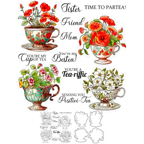 YIXUAN Blooming Flowers in European Style Vintage Tea Cups Clear Stamps and Metal Cutting Dies Set with Envelope Box DIY Scrapbooking Supplies for Card Making Albums Crafts Decor