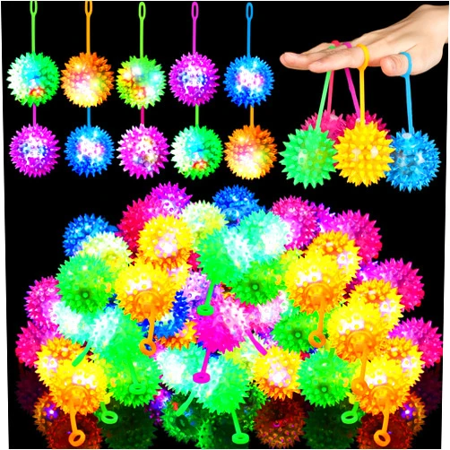 Sotiff 100 Pcs Light up Ball Spiky LED Bouncy Ball Flashing Squeaky Multicolor Puffer Toy Rubber Sensory Toy Carnival Prizes Bulk Party Favors for Teens, Adults, Children