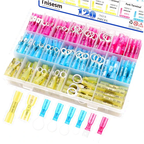 Tnisesm 120Pcs Heat Shrink Wire Connectors, Waterproof Insulated Automotive Marine Electrical Terminals Kit, Crimp Connector Assortment, Ring Fork Spade Splices