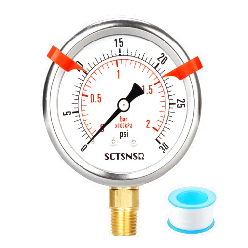 SCTSNSR 0 to 30 Psi Pressure Gauge, Glycerin Liquid Filled, 2.5 inch Dial, 1/4