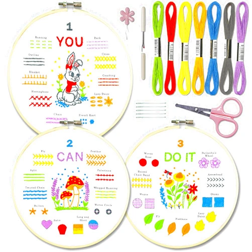 Bradove Embroidery Kit for Beginners Adults and Kids - Includes Everything for Easy Learning 29 Stitches and Cute Patterns (Rabbit, Flowers, Mushroom) with Video Instructions and Tutorial Book