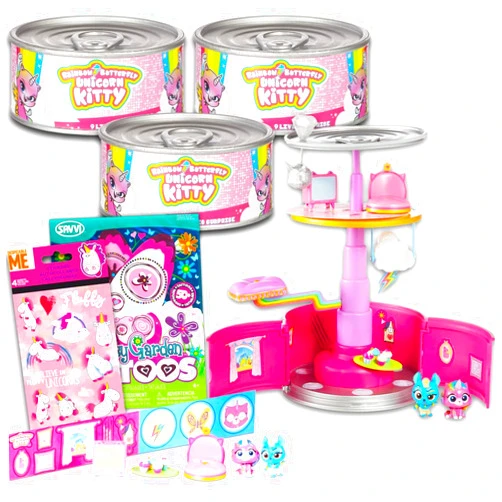 Secret Origins Rainbow Butterfly Unicorn Kitty 9 Lives Surprise Set - 3 Pk Bundle with Rainbow Butterfly Unicorn Kitty Mystery Can Playsets with Tattoos and Stickers | Party Favors for Girls