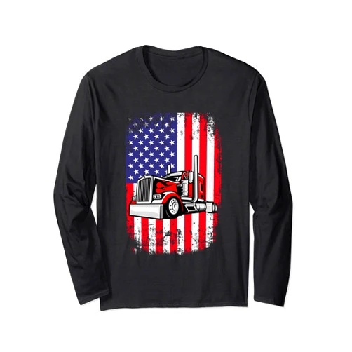 40 Wheeler Trucker Gift Men Tees Semi Truck Driver 18 Wheeler Trucker USA American Flag Long Sleeve T-Shirt