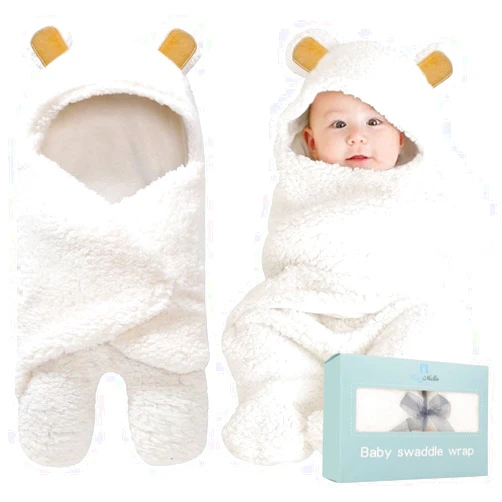 BlueMello Baby Bear Swaddle Blanket | Ultra-Soft Plush Essential for Infant 0-6 Months | Receiving Swaddling Wrap White | Ideal Newborn Registry and Toddler Boy Accessories | Perfect