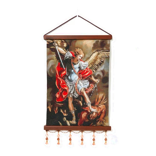 HZMAN St Michael Painting Retro Handmade Weave Wall Art Decor Holy Archangel Catholic Aesthetic Picture for Living Room Bedroom Wood Framed 17x12 inch