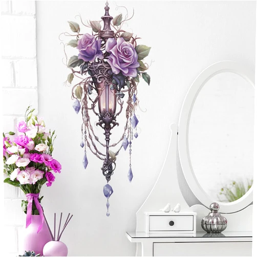 Sacinora Vintage Purple Street Lamp Flower Vine Wall Stickers, sacinora Rose Peony Floral Art Wall Decals Removable Vinyl Peel and Stick for Living Room Bedroom Nursery Playroom Door Decorations
