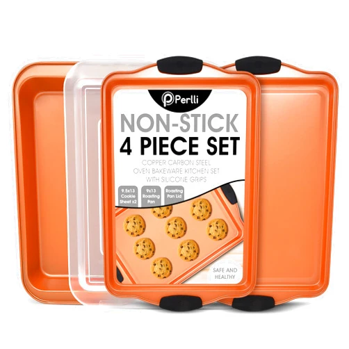 Perlli Baking Sheet 4 Piece Set Nonstick Copper Carbon Steel Oven Bakeware Kitchen Set with Silicone Grips, Includes 2x 9x13