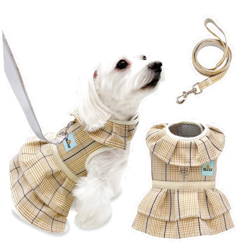 ELILY Dog Dress Harness with Leash Set. Elegant Plaid Clothes for Dog Cat Puppy. Soft Breathable Mesh (S, Beige-Dress)