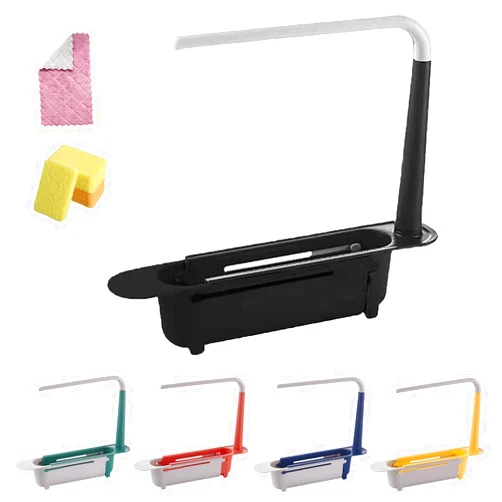 KCRPM Tropimart Sink Shelf, Telescopic Storage Sink Rack, Adjustable 2 in 1 Drainer Basket Tray Sponge Soap, Holder with Dishcloth Hanger for Home Kitchen (1PC-Black)