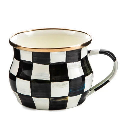 MACKENZIE-CHILDS Enamel Teacup, Unique Coffee and Tea Mug, Enamel Cup for Hot Tea, 10 Ounces, Black-and-White Courtly Check