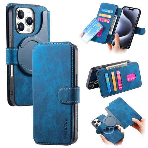 Generic Detachable 2 in 1 Case for iPhone 16 Pro Max, 16, 15, 14, 13, 12, 11 Series, Compatible with Magsafe, Magnetic Shockproof Leather Case with Card Holder, Stand Design (Blue,for iPhone 12 pro max)
